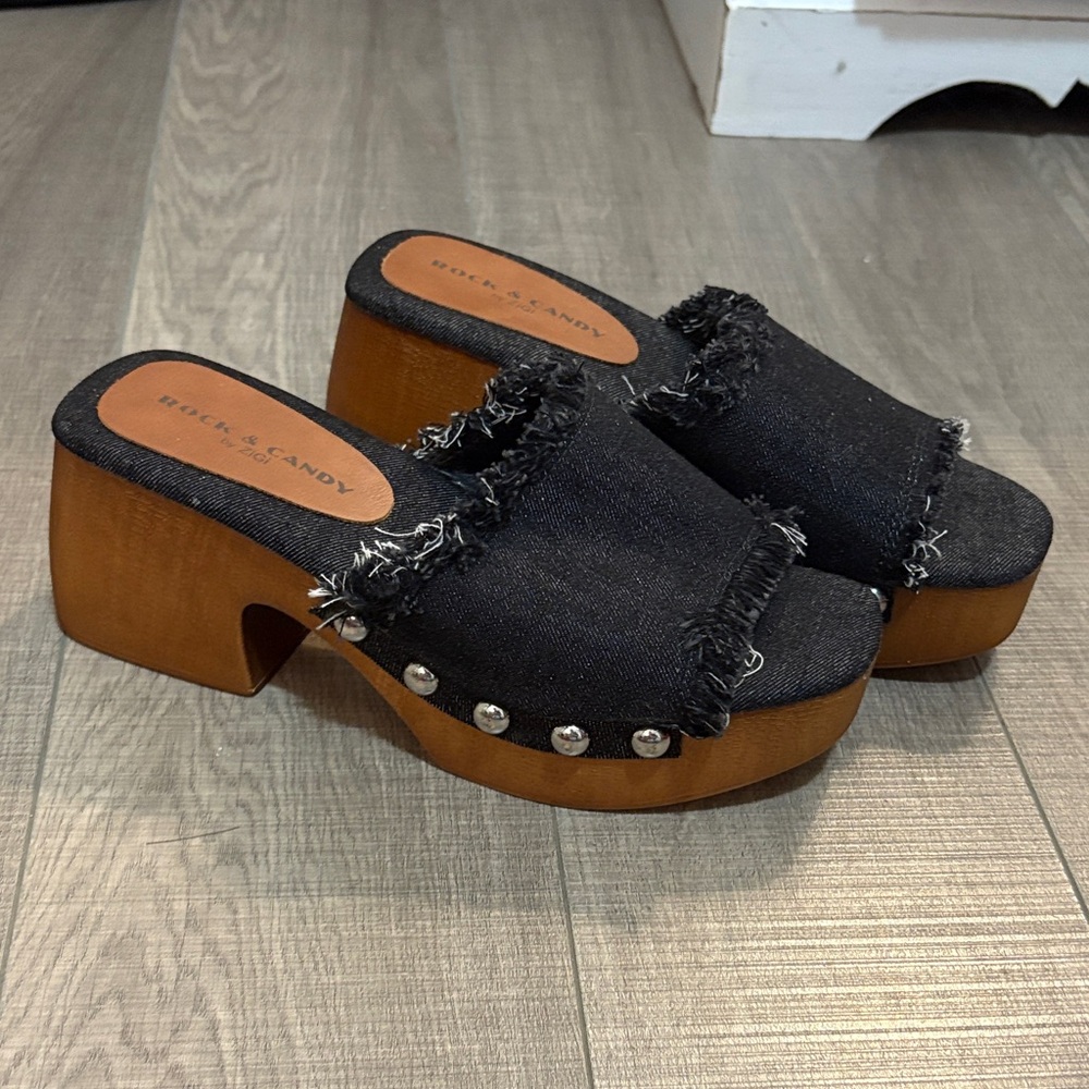 Black Denim Platform Mules